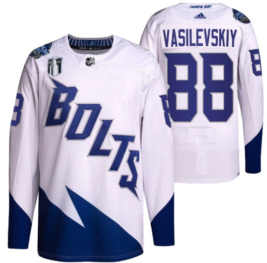 Men's Tampa Bay Lightning #88 Andrei Vasilevskiy 2022 White Stanley Cup Final Patch Stitched Jersey Men's Tampa Bay Lightning #88 Andrei Vasilevskiy 2022 White Stanley Cup Final Patch Stitched Jersey
